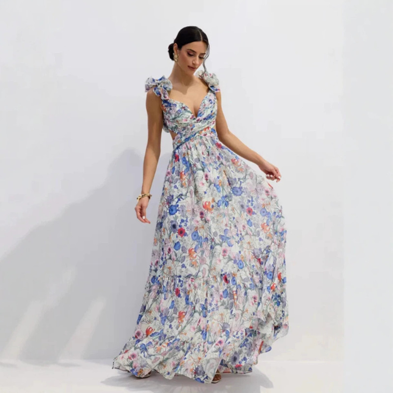 2026 European and American Cross-Border Women's Fashion New Deep V Chiffon Long Printed Sleeveless Elegant Floral Dress Evening Gown