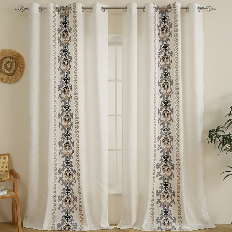 Linen Embroidered Curtains With Iron Rings For Living Room_voghion.com