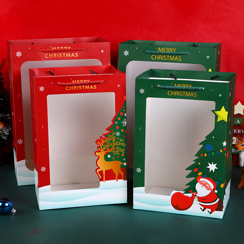 圣诞节橱窗手提袋新年礼品袋鲜花礼物袋子 节日礼袋透明纸袋批发