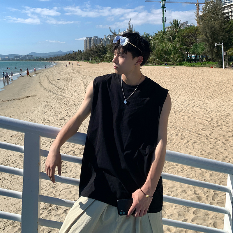 Solid Color Summer Basketball Sports Vest Men's Thin Loose plus size Outer Wear Sleeveless T-shirt Ins Hong Kong Style All-match T-shirt