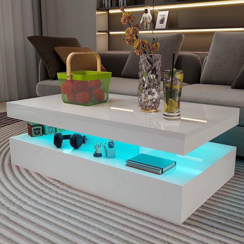 White Rectangular Coffee Table Use Remote Control to Adjust the Led Light from a Distance High Gloss Surface Overlay Protecti