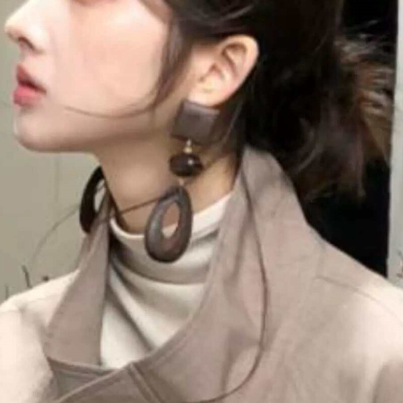 复古椭圆形木头耳饰木质耳环小众设计夸张度假耳坠新中式民族风女|undefined