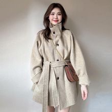 2025秋冬中长款双面绒毛呢外套女百搭立领小个子短款呢子大衣