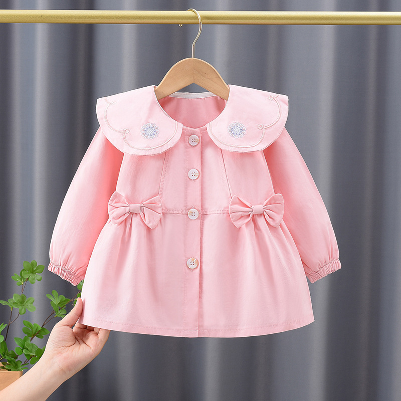 Autumn girls' coat 2024 new children's little girl doll collar cardigan top baby long sleeve trench coat