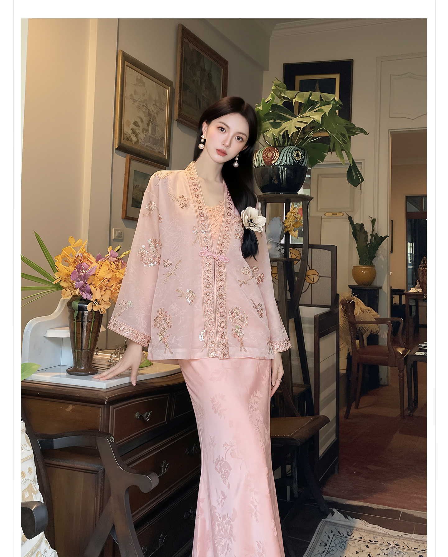 Bộ đầm dây kèm áo khoác thêu hoa phong cách Trung Hoa hiện đại — bộ đồ, đầm dây, Áo khoác màu hồng chi tiết 4
