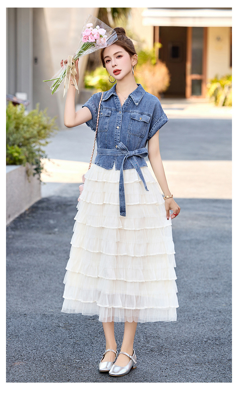 Váy liền denim tay ngắn thắt eo tôn dáng mới mùa hè 2025 YH2666 — Màu như hình chi tiết 7