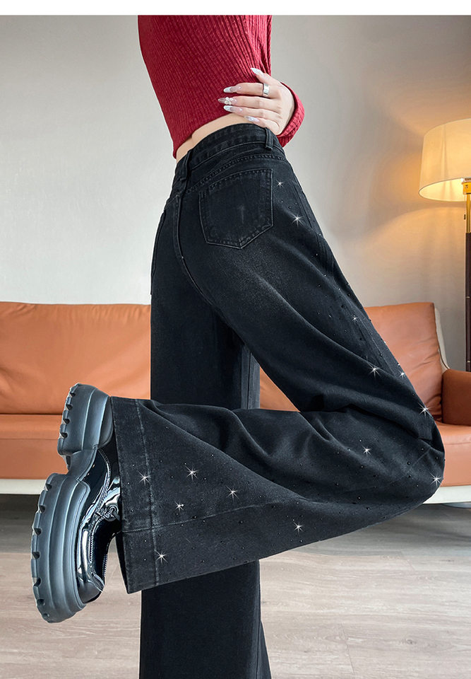 Quần jean ống rộng nữ cạp cao đính đá màu xanh cổ điển, dáng suông rộng thoải mái — Retro màu xanh chín điểm, Xanh Vintage, Dáng Dài, Xám Than, Dài Hơn, Xám than, dáng thường chi tiết 24