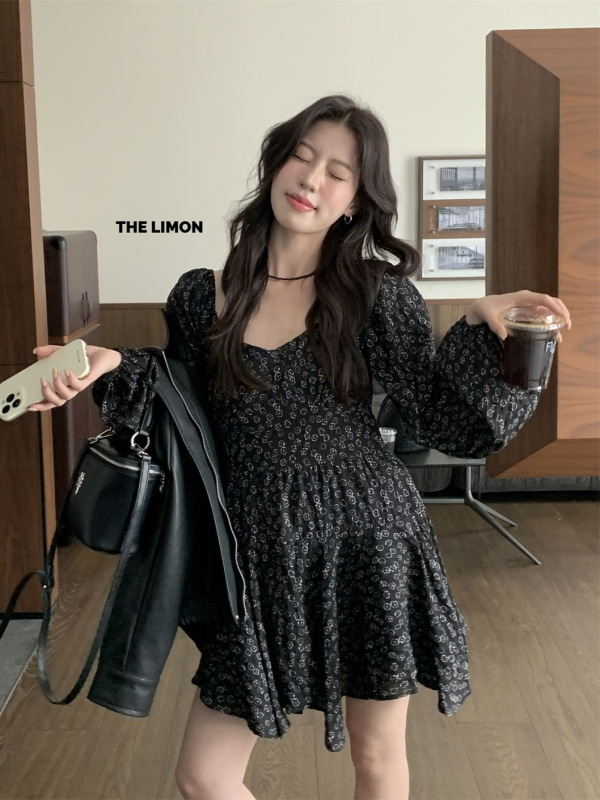 the limon柠檬绿茶2025秋设计感碎花长袖连衣裙女小个子雪纺短裙|undefined