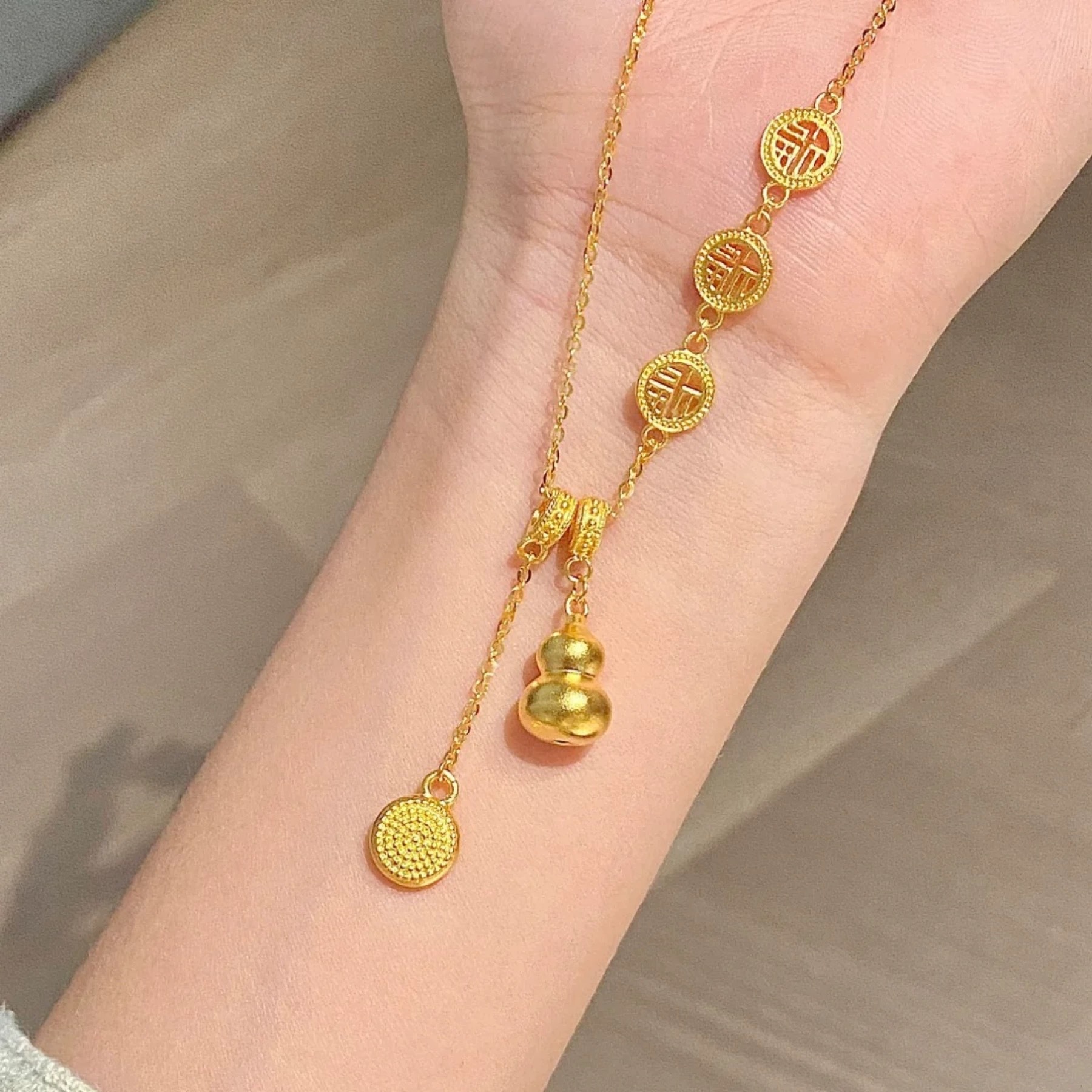 Collana con catena antica Sha Gold Fu Lu Shou, ciondolo a forma di zucca Ruyi di buon auspicio, clavicola, per fidanzata_voghion.com