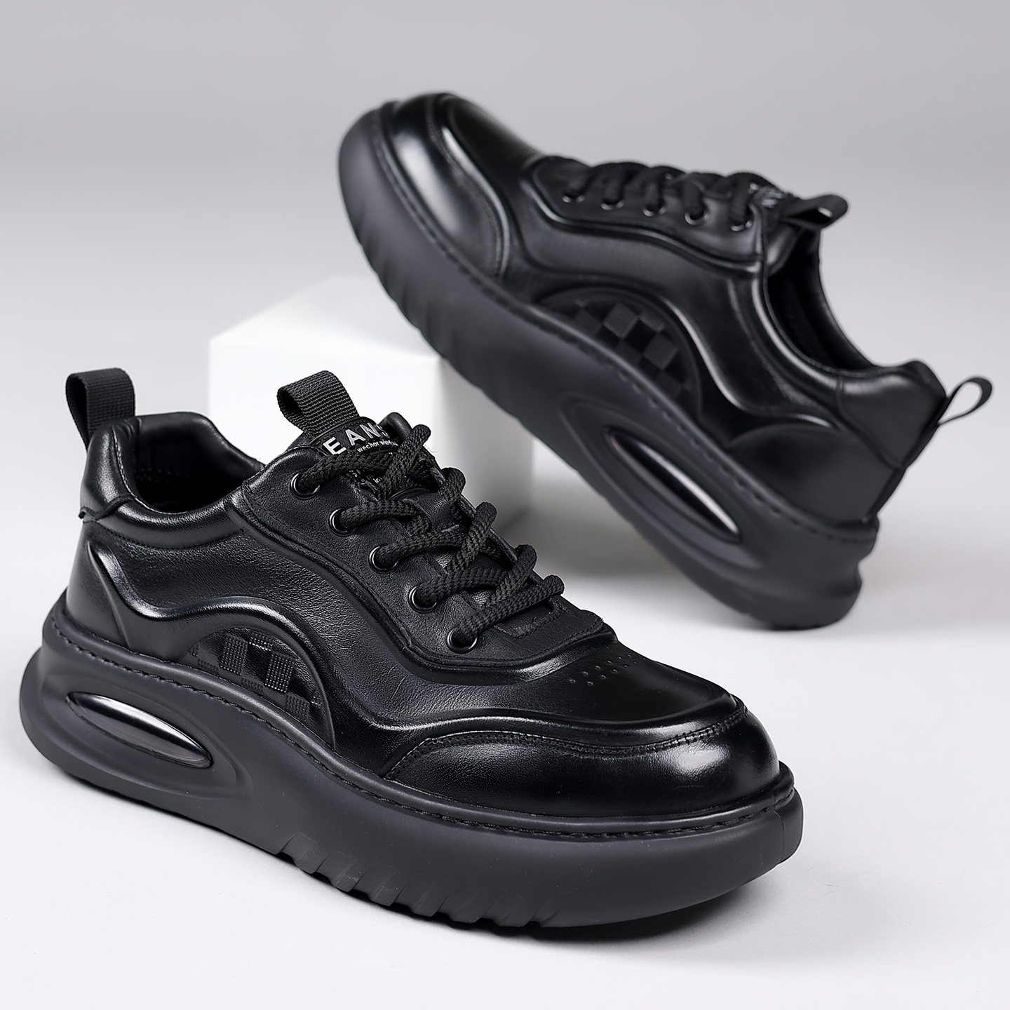 Lightweight Air-Cushion Sole Men's Shoes New Autumn Genuine Leather Casual Sports Shoes Men's Thick-Soled Heightening Black Dad Trendy Shoes