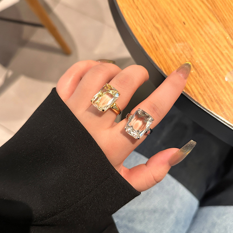 European and American Cross-Border Zircon Square Open Ring, Light Luxury Niche Style, Elegant Index Finger Ring, Simple and Versatile, High-End Jewelry