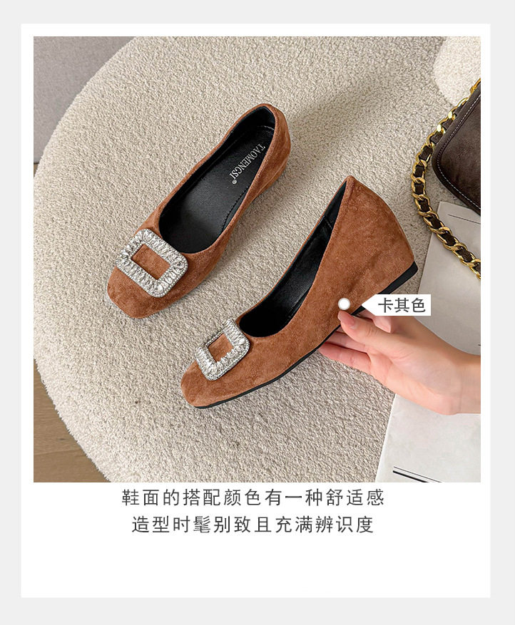 Giày búp bê nữ mũi vuông đính đá, da lộn, đế mềm độn trong, gót xuồng thấp — Màu kaki, Màu nâu, màu đen chi tiết 7