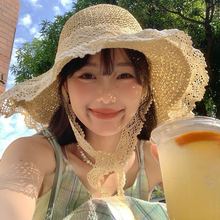 草帽女蕾丝绑带花边渔夫帽新款防晒镂空透气遮阳帽出游海边太阳帽