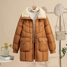 跨境2025冬季保暖拼接中长款翻领棉服棉衣女加厚休闲女士冬装棉袄