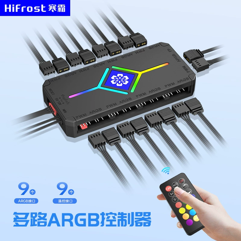 PWM Temperature Control Hub (CoolMoon) — Music Rhythm, 5V ARGB Sync, Remote, 10-Port