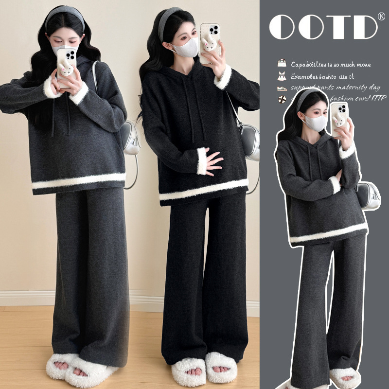 Pregnant women's autumn and winter loose new style color-blocking casual hooded soft and fashionable sweater and wide-leg pants plus-size fashion set Pregnant women's autumn and winter loose new style color-blocking casual hooded soft and fashionable sweater and wide-leg pants plus-size fashion set
