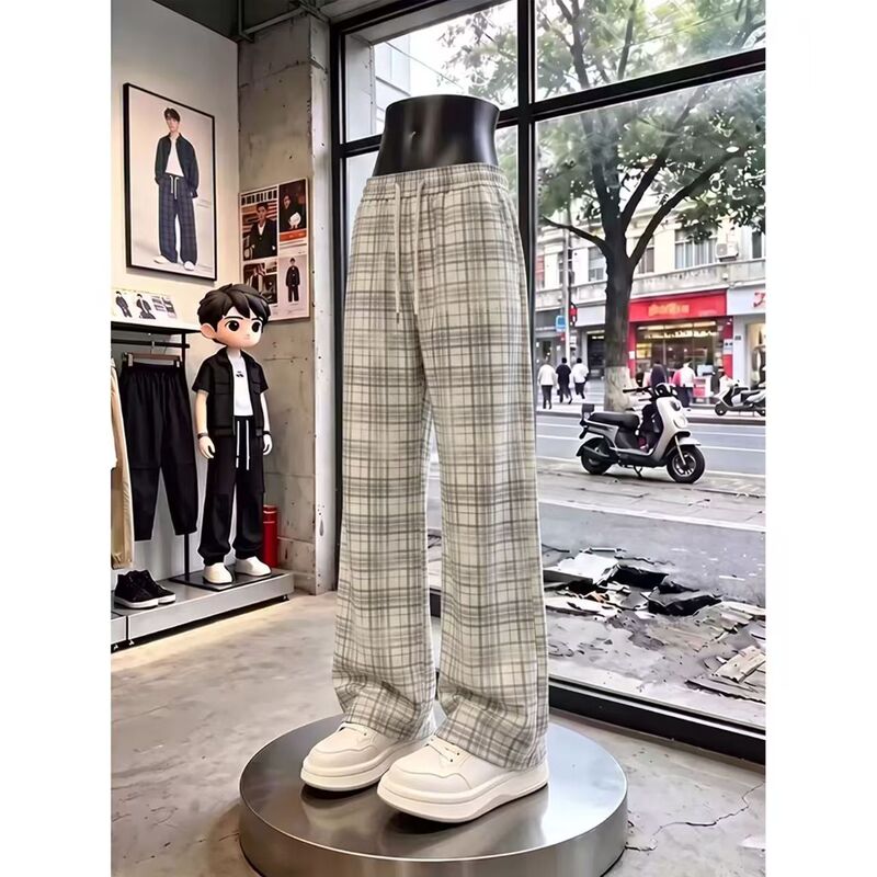 New foreign trade drawstring plaid sports casual pants for men, trendy wide-leg straight pants, plaid men's pants New foreign trade drawstring plaid sports casual pants for men, trendy wide-leg straight pants, plaid men's pants