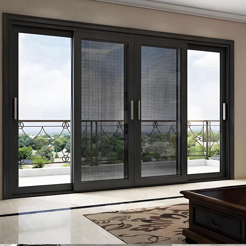Aluminum Alloy with Louver Screen Facade Glass Mobile Sliding Door Living Room Three-Link Double-Glazed Sliding Door