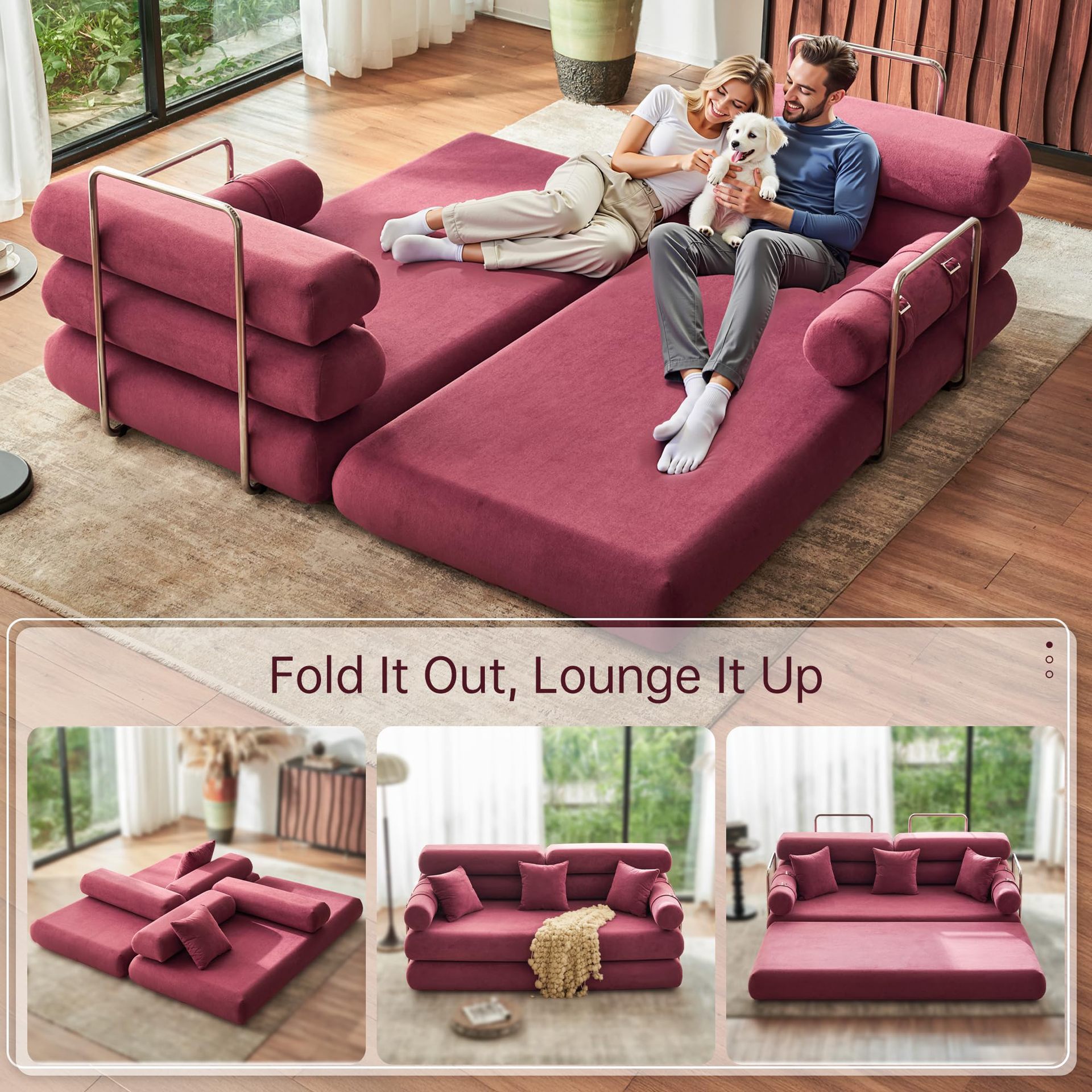 Sofá de tela retro plegable transfronterizo esquina redondeada reposabrazos sofá cama plegable 32D esponja de compresión sofá doble