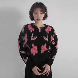 韩国chic秋冬复古洋气单排扣花色印花百搭毛绒长袖针织毛衣外套女