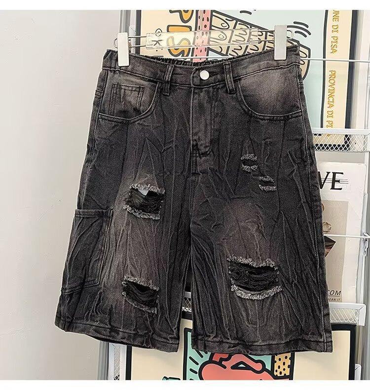 Men's Trendy Distressed Denim Shorts Summer Loose Fitting Washed Five Quarter Length Pants Street Style Trousers_mkmklike.com