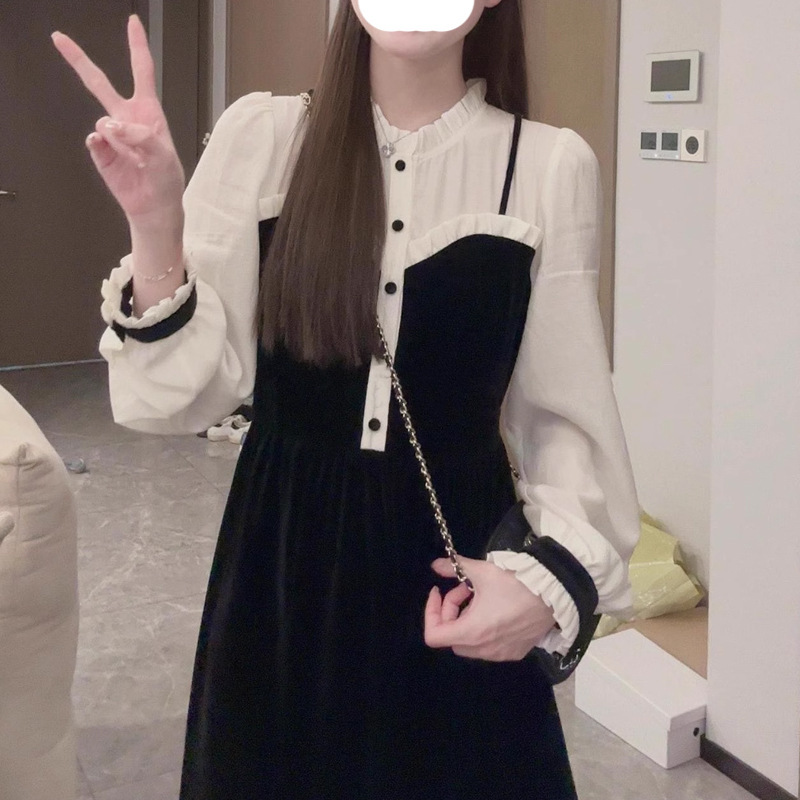 丝绒假两件连衣裙女2024秋冬新款韩版小众设计感气质长裙