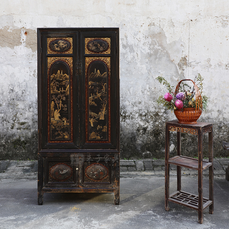 古典中式实木衣柜卧室家具家用双开门收纳衣柜做旧雕花柜子