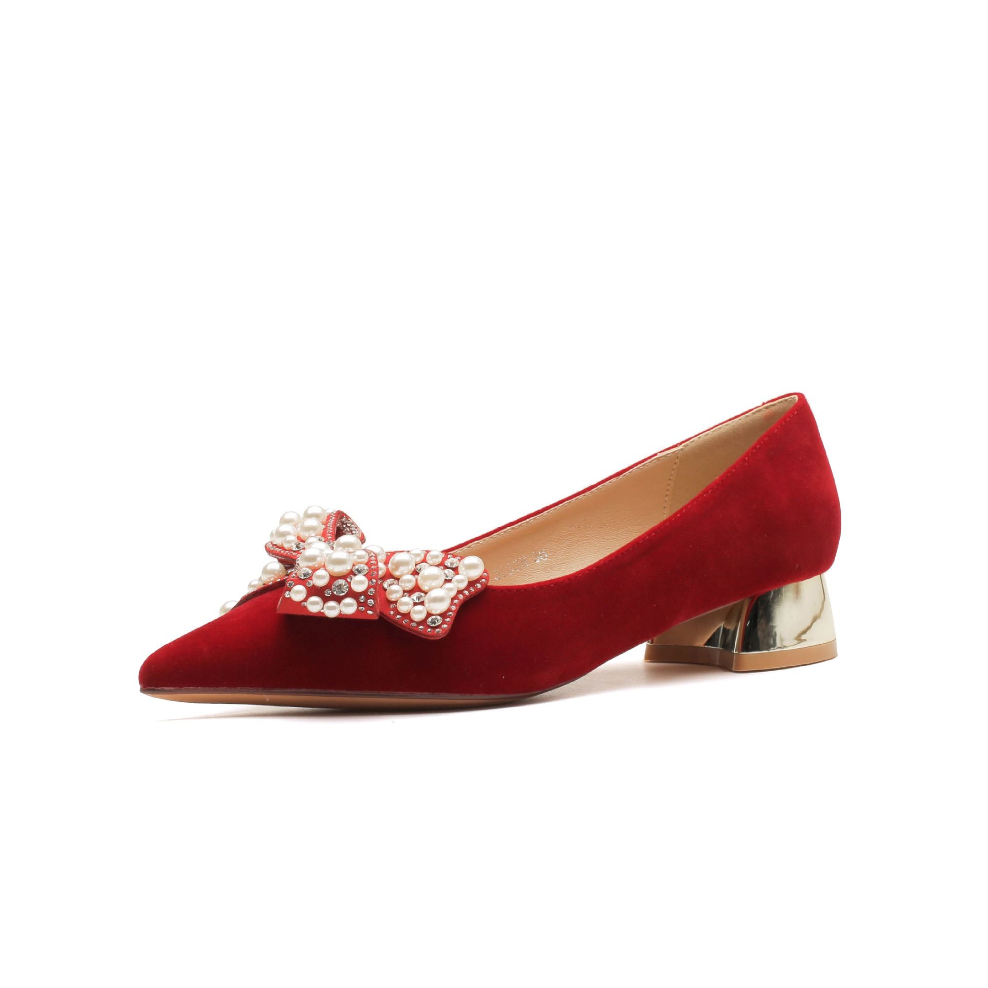 3333H-017 Chunky Heel Suède Rode Hoge Hakken Met Strik Voor Banket Bruiloft Comfortabele En Gemakkelijk Te Dragen Damesschoenen_voghion.com