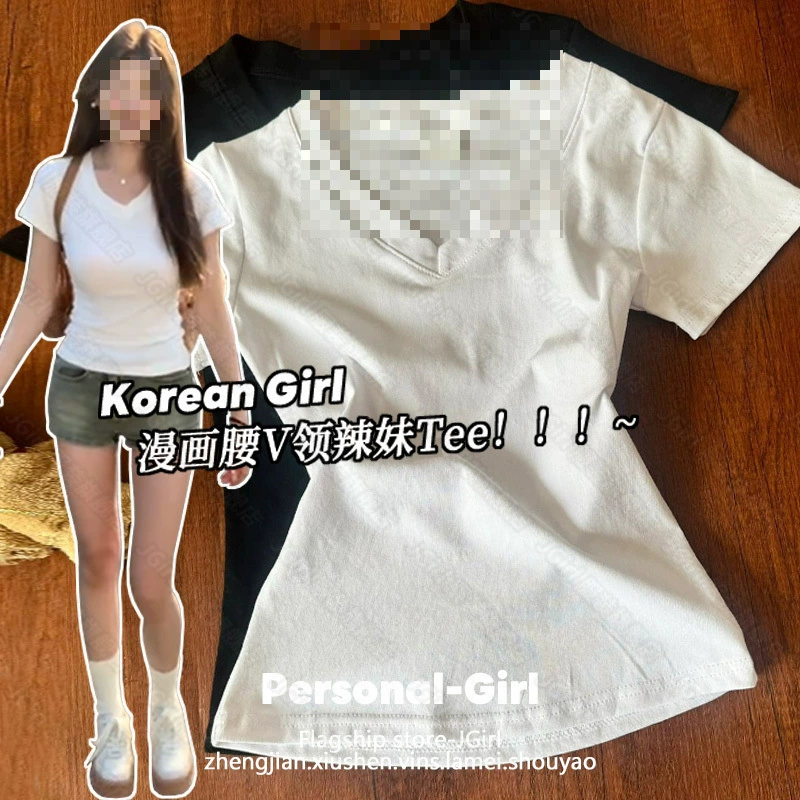 Корейская шикарная белая футболка с v-образным вырезом и правым плечом для женщин, лето 2025, дизайн талии, сексуальный топ для похудения, bm top