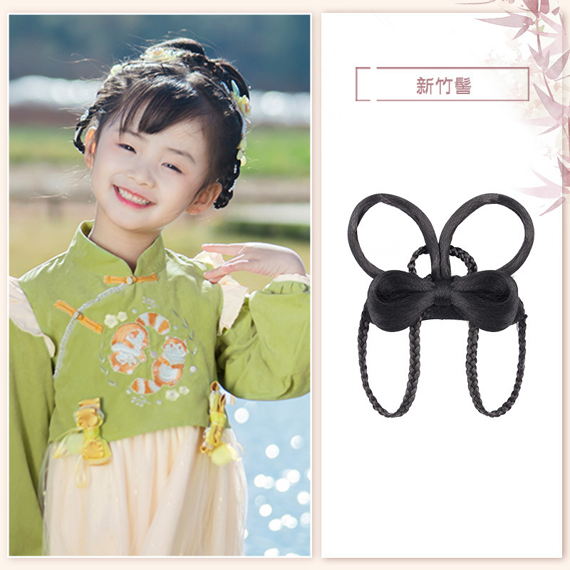 子供用アンティークウィッグ、細かいおだんごヘア、漢服ヘアバッグ、古代衣装、さまざまな女の子のステージパフォーマンス、かわいいおだんごヘアスタイル|undefined