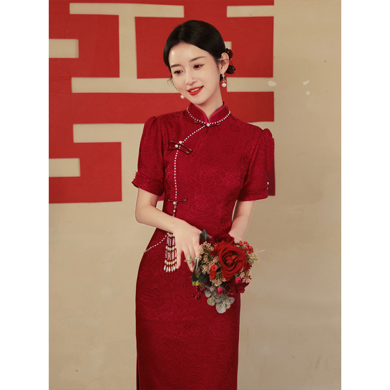 チャイナドレスの敬酒服の赤い中国式の結婚の子供は若いタイプの婚約ドレスを改良します。|undefined
