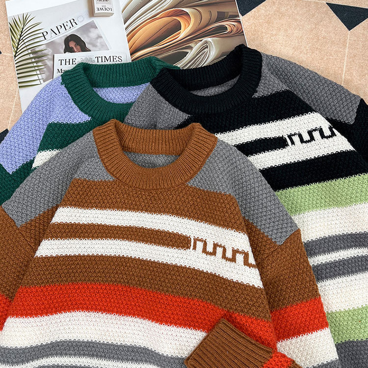 Otoño y invierno a rayas de lana de color coreana estilo de moda pareja ropa de punto perezosa suéter retro de colores masculino y femenino