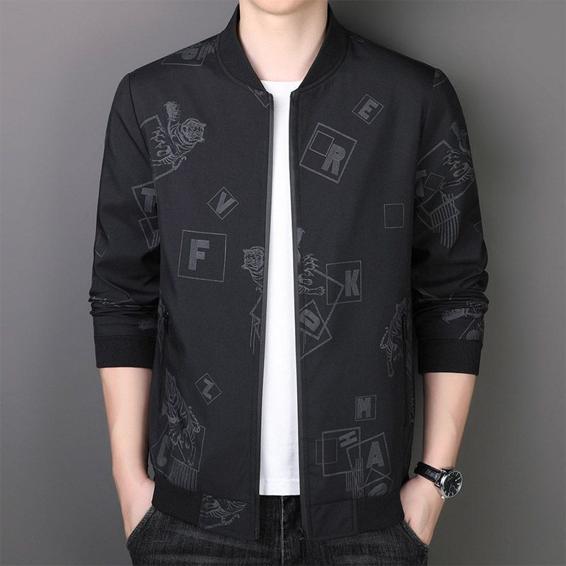 Jacket Men's Coat Spring and Autumn Baseball Collar Top Feather Print High-End Fashion Coat Large Size Casual Men's Clothing