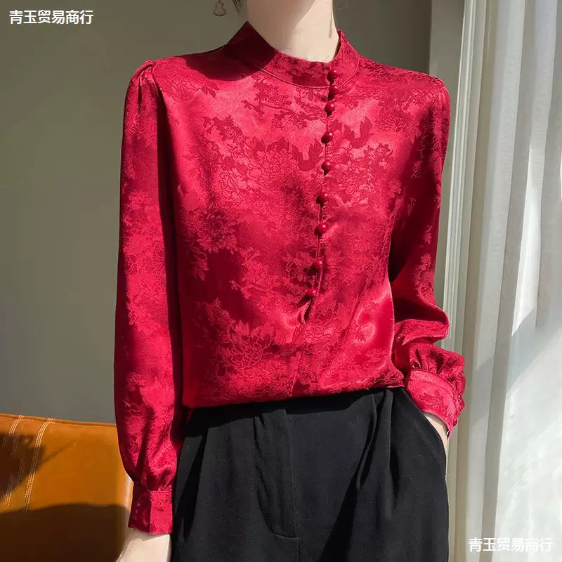 White silk shirt, spring long-sleeve, Chinese style