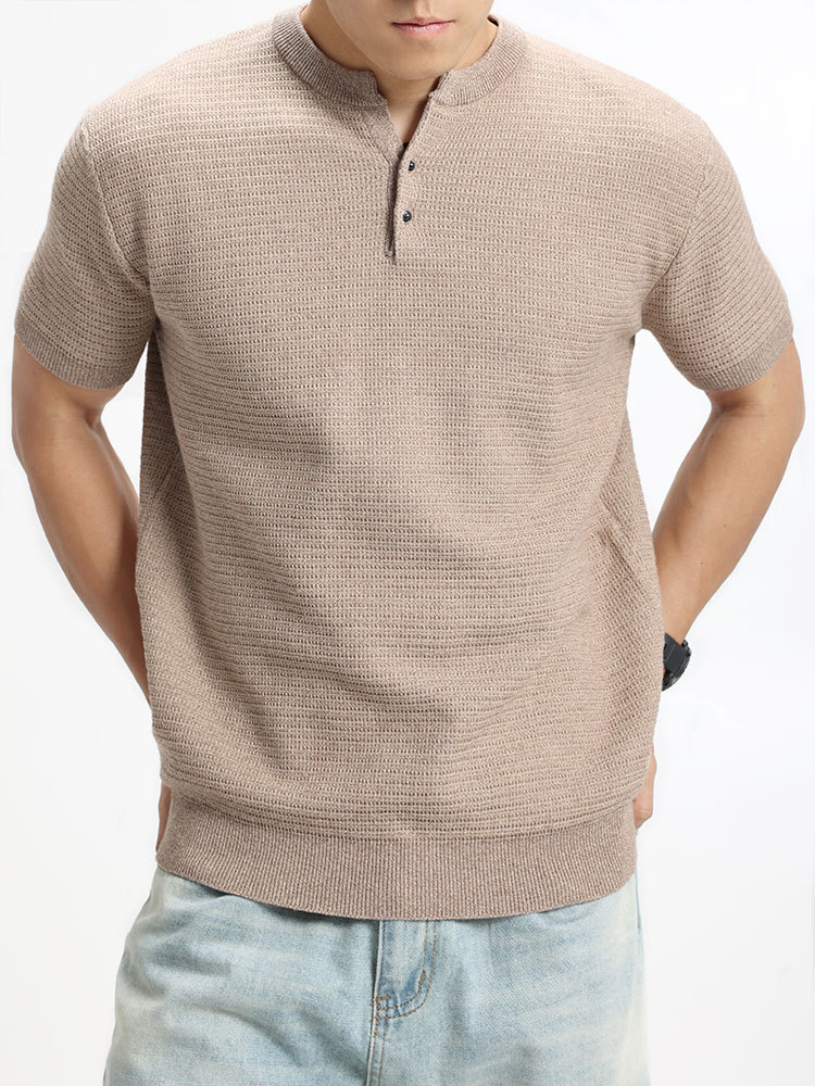 Cross-border hombre lujoso ligero Vogue punto de manga corta Henry cuello botón media manga camiseta de alta calidad europea y americana ropa de hombre
