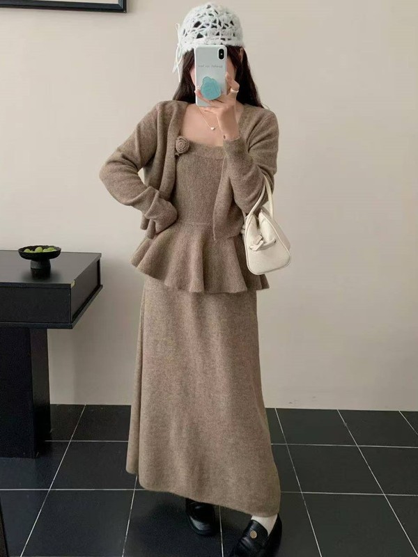 温柔风立体刺绣花朵针织开衫+吊带+半身裙套装女秋装毛衣三件套潮|undefined