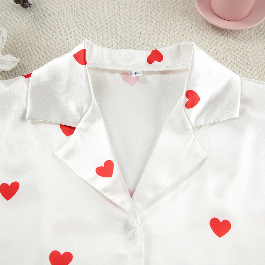 210g Weight Short Sleeve Sleeve Length Pajamas Lingerie Type Polyester, Satin Fabric Type Short Top Length Shorts Sets Sets Type 2 Pieces Set Quantity Home, Daily Occasion Turndown Neckline Breathable Function Regular Fit Fit Type Heart Shape Pattern Winter, Summer, Spring Season Women's Gender Sweet Style Home Daily Women's Sweet Heart Shape Polyester Satin Shorts Sets Pajama Sets 4
