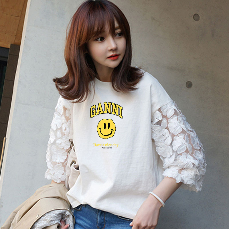 White T-shirt Women's Short-sleeved Loose Large Size Summer Fashion Stitching Lace Smiley Printed Women's Top Cotton Cross-border Foreign Trade