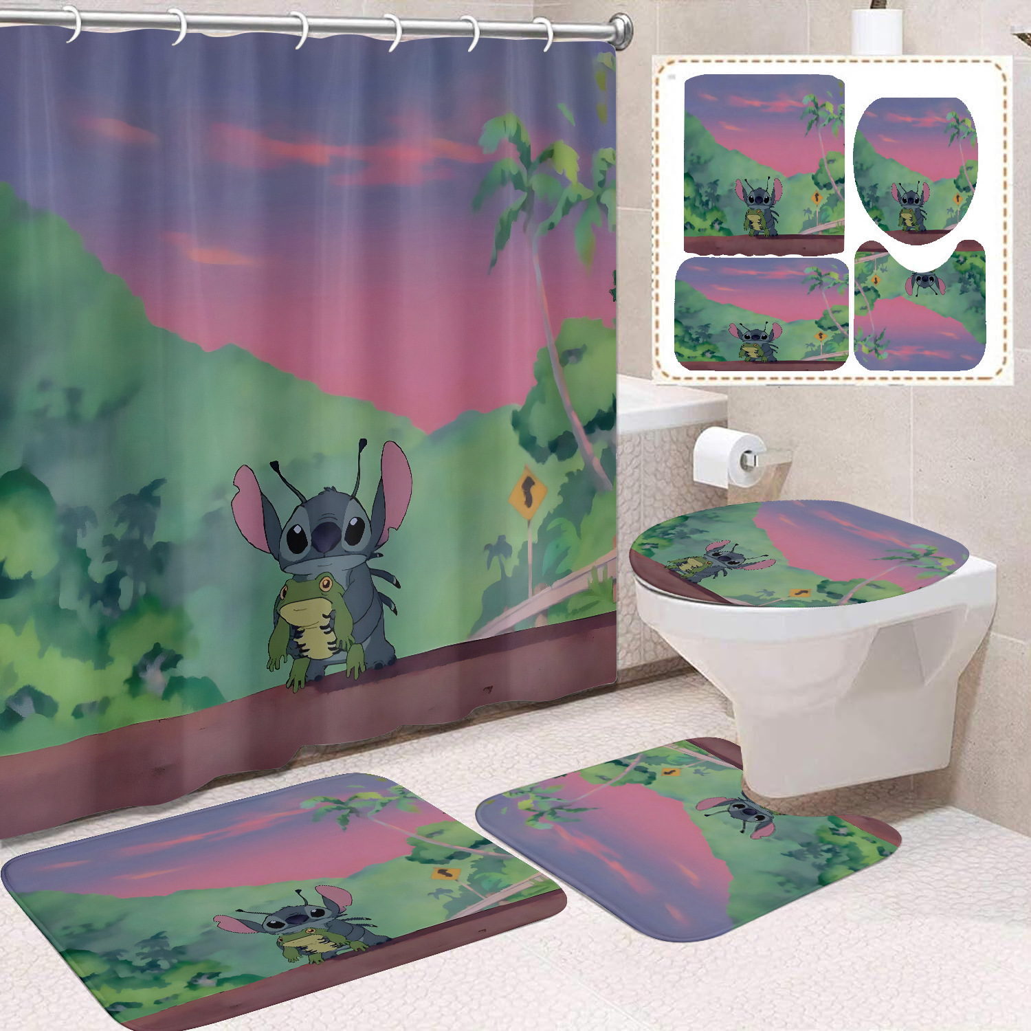 Venta directa de fábrica lindo baño de dibujos animados de cuatro piezas cortina de ducha impermeable cortina de ducha sin perforación cortina de partición de baño de baño