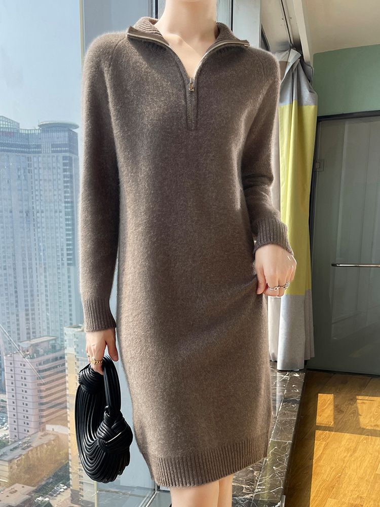 Fashionable solid long demi-season sweater with zipper
