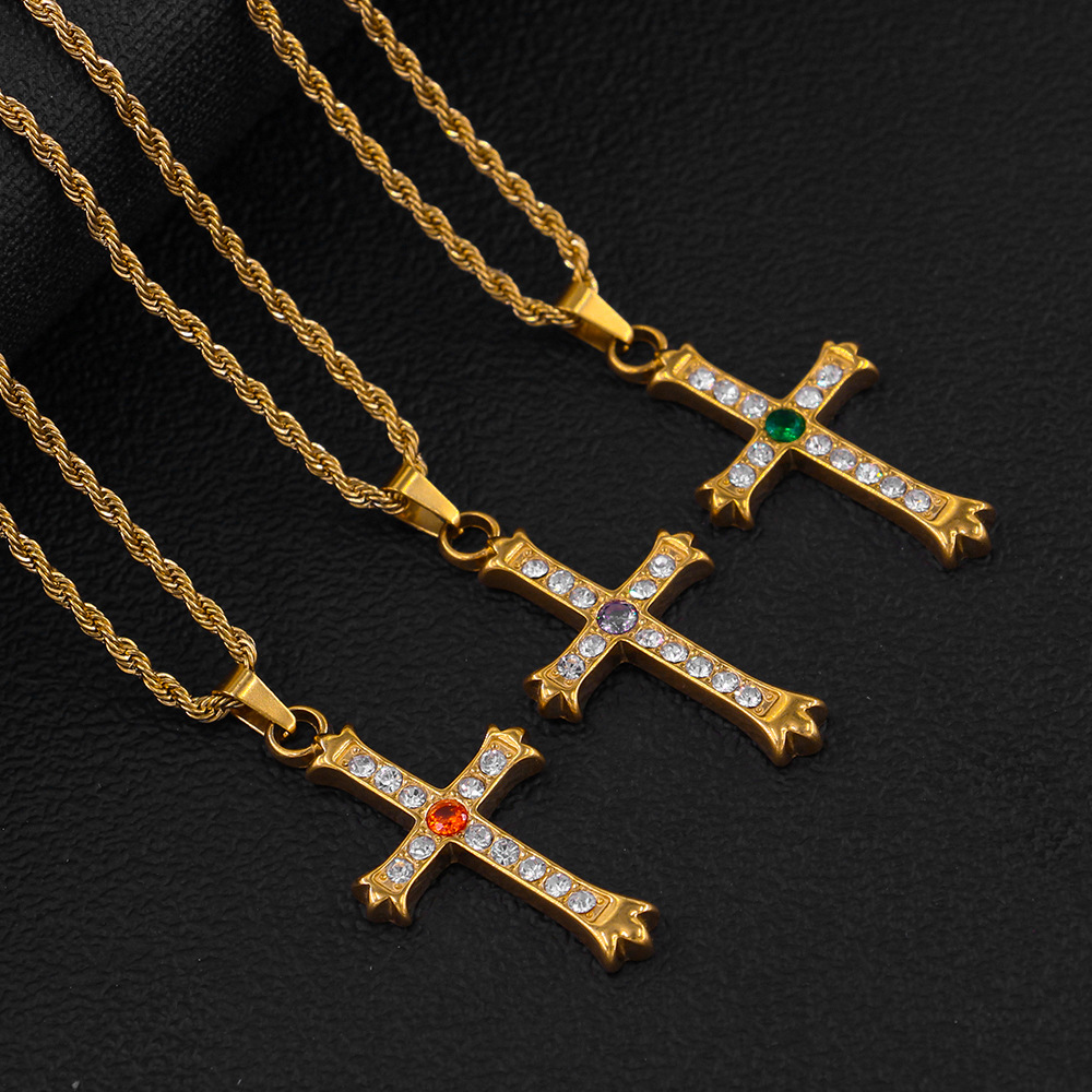 Fashion Cross Stainless Steel Plating Zircon Pendant Necklace_colorza_3