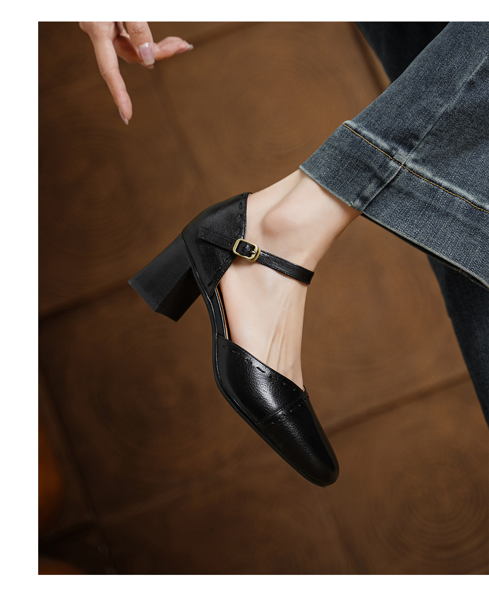 Giày sandal cao gót nữ quai ngang mũi vuông gót 6 cm — đen chi tiết 10
