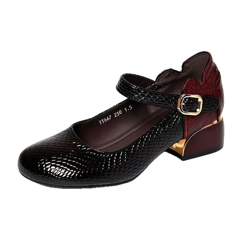 2026 verano retro cabeza redonda cuero suave tacones gruesos serpentino color mosaico hebilla de una palabra zapatos de moda Mary Jane