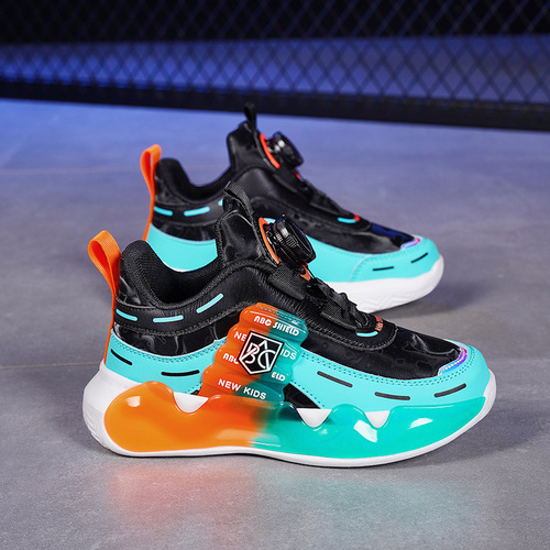 Kids' Shoes for Girls and Boys Aged 6-12, 2024 Spring and Autumn New Model Leather Surface Wear-resistant Rotating Button Running Shoes for Boys, Fashionable
