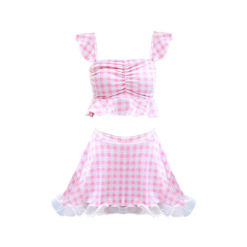 Traje de baño para niños nuevo traje de dos piezas dividido a cuadros de moda para niñas, traje de baño conservador y dulce para niñas grandes