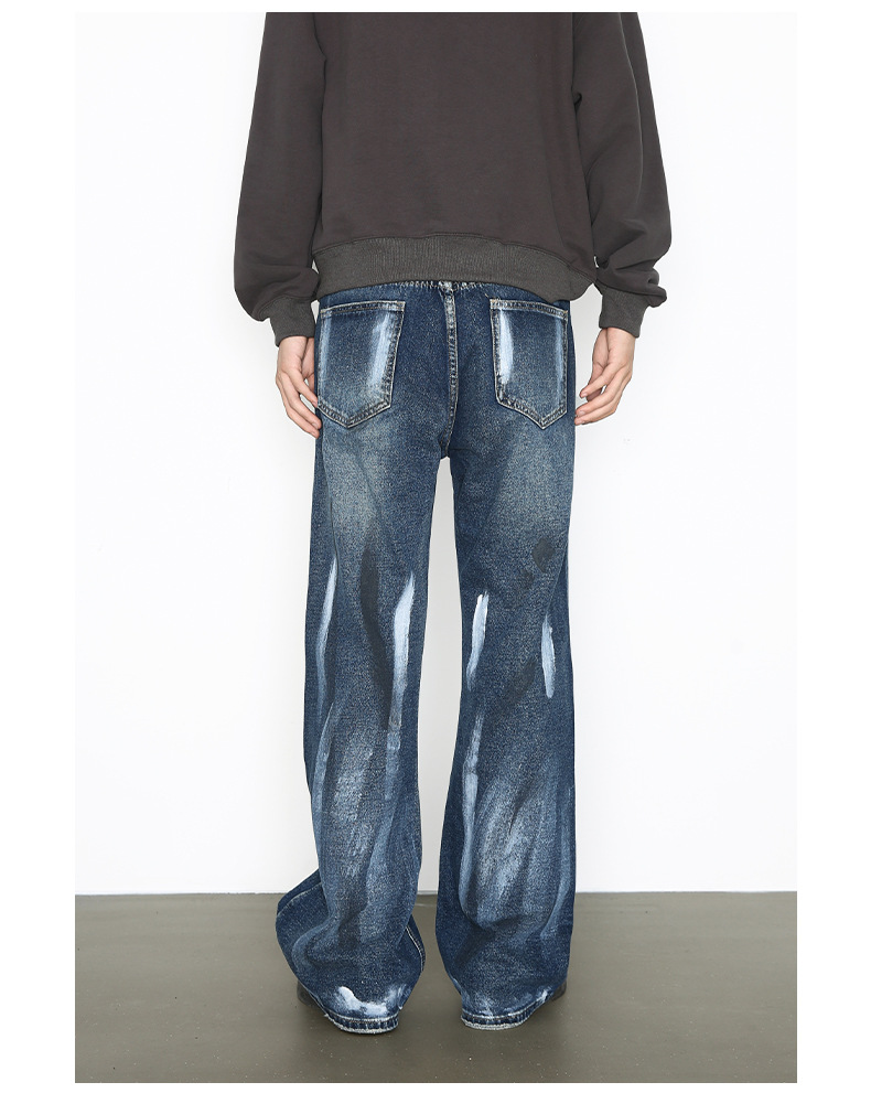 Hand-Painted American Style Straight-Leg Jeans For Men - Vintage Washed Denim Pants With Flared Hem, Comfortable Cotton Blend Fabric_mkmklike.com
