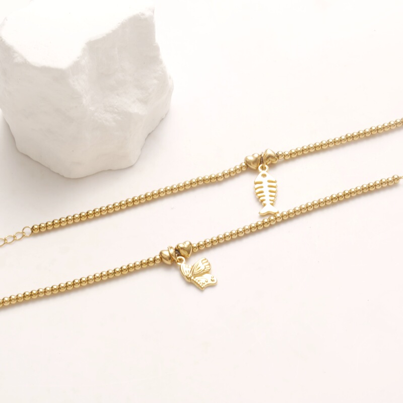 Titanium Steel Non-Fading 14K Gold Bead Double-Layer Bracelet with Butterfly Fishbone Paired Pendants for Best Friends, Niche Style Titanium Steel Non-Fading 14K Gold Bead Double-Layer Bracelet with Butterfly Fishbone Paired Pendants for Best Friends, Niche Style