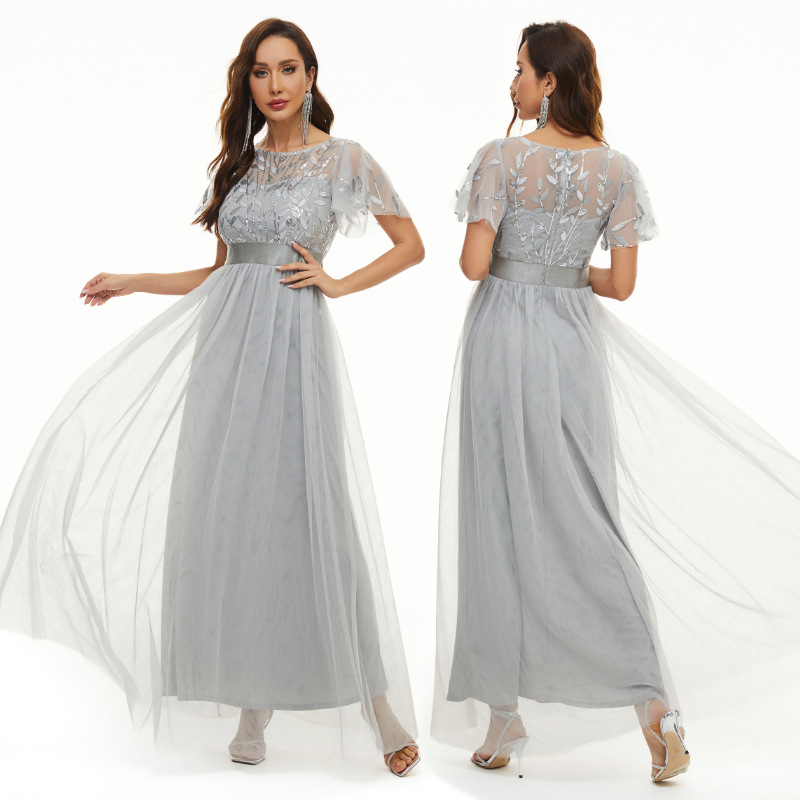 Vestido de lentejuelas manga corta cuello redondo pettiskirt vestido de noche cintura alta elegante dama de honor brindis vestido banquete ropa 115