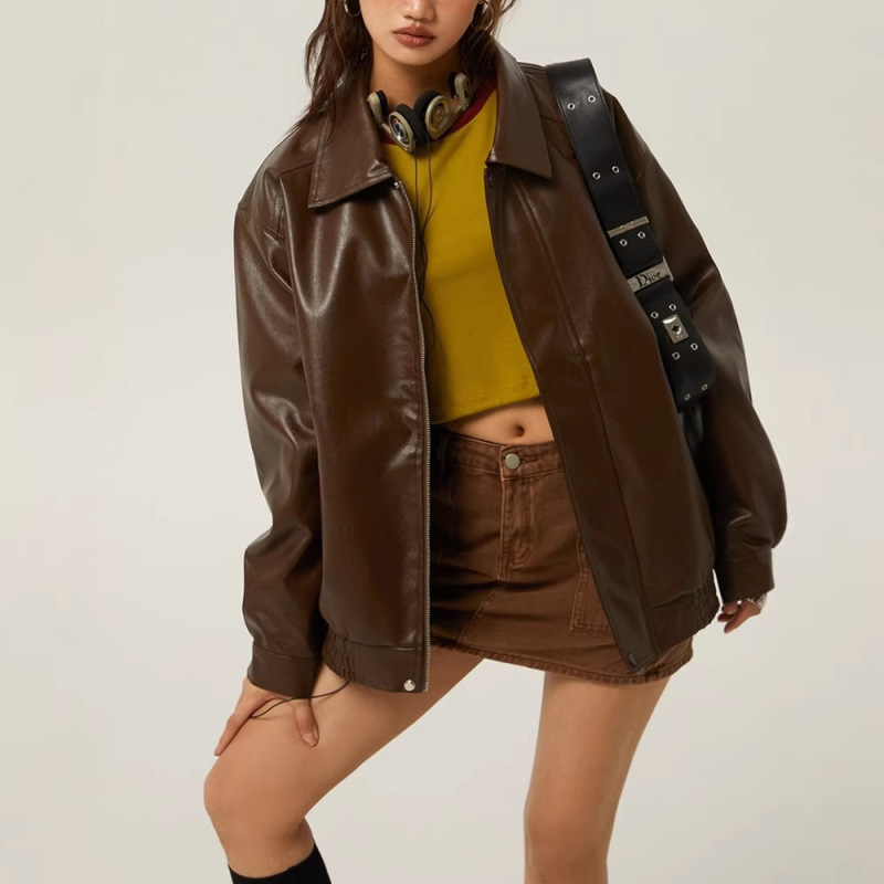 Maillard Brown Motorcycle Leather Jacket for Women 2026 New Spring and Autumn American Retro Loose Casual Pu Jacket Trendy