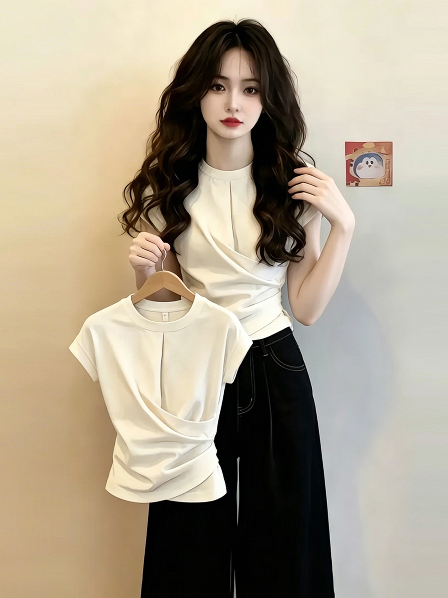 Áo thun nữ cổ tròn tay ngắn thiết kế mới mùa hè — màu trắng ngà